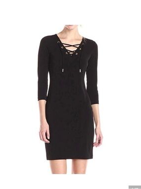Calvin Klein Black Lace-Up V-Neck Long Sleeve Bodycon Dress